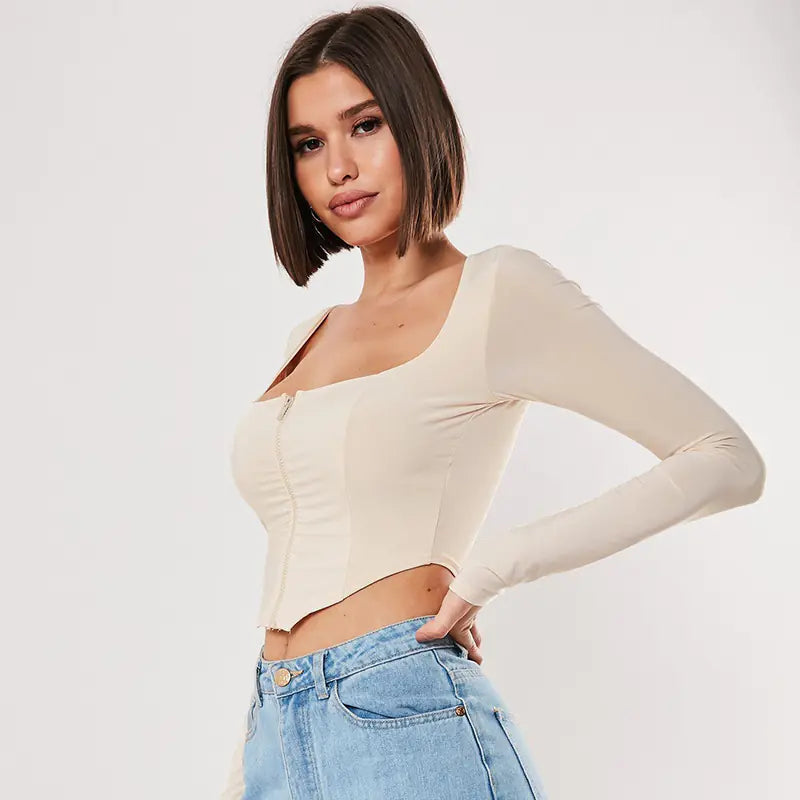 Long Sleeve U-Neck Zip Crop Top for Women
