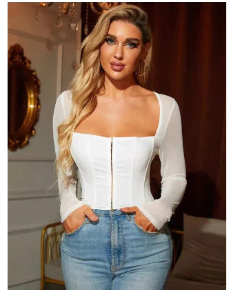 Long Sleeve U-Neck Zip Crop Top for Women