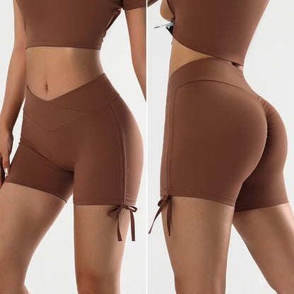 Peach Drawstring Solid Color Yoga Shorts