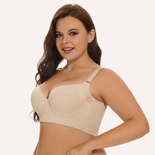 Sujetador beige Senselle con tirantes ajustables y tejido suave que se adapta al cuerpo.