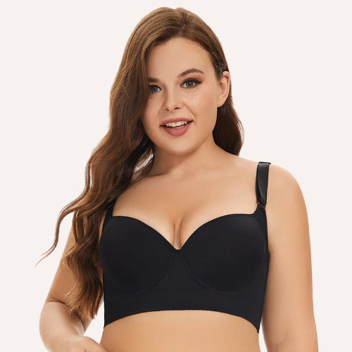 Sujetador negro Senselle sin aros con soporte natural y diseño que realza el busto con suavidad.